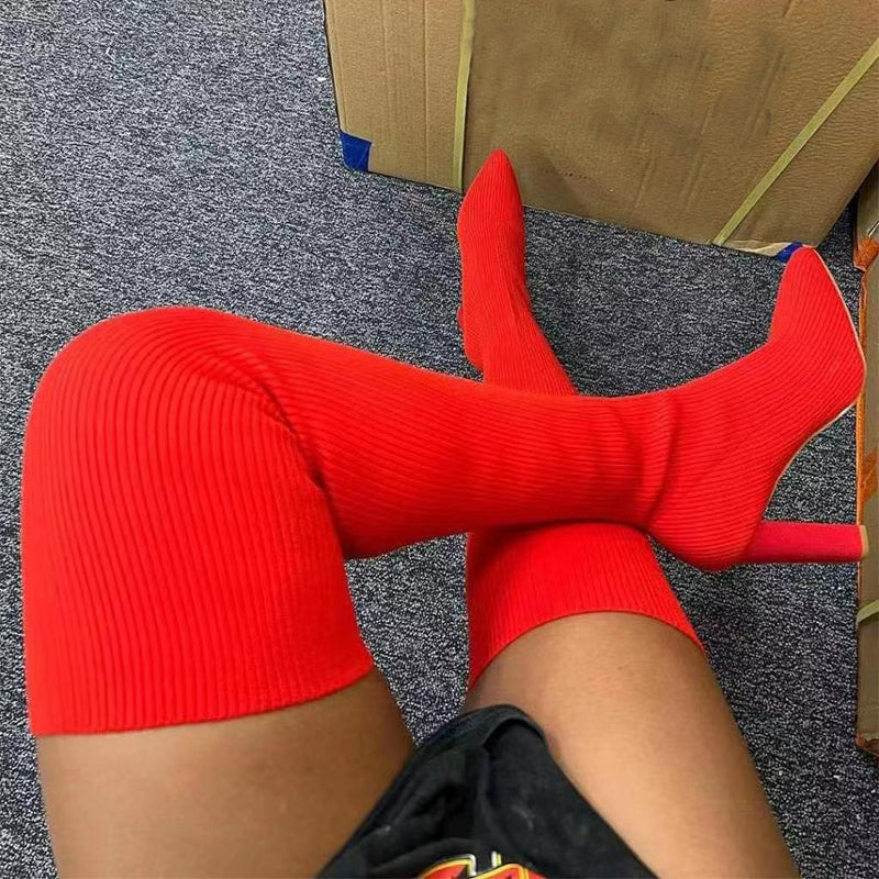 Damen Overknee-Stiefel aus Strick mit Absatz