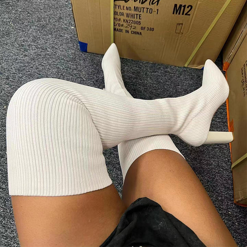 Damen Overknee-Stiefel aus Strick mit Absatz