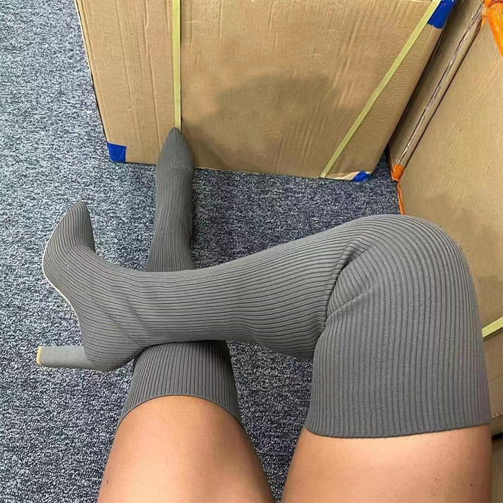 Damen Overknee-Stiefel aus Strick mit Absatz
