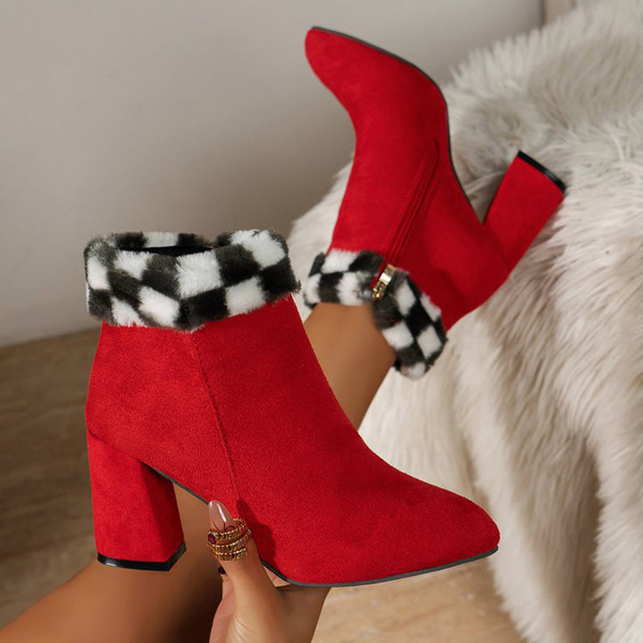 Karierte Damen Stiefeletten mit Blockabsatz